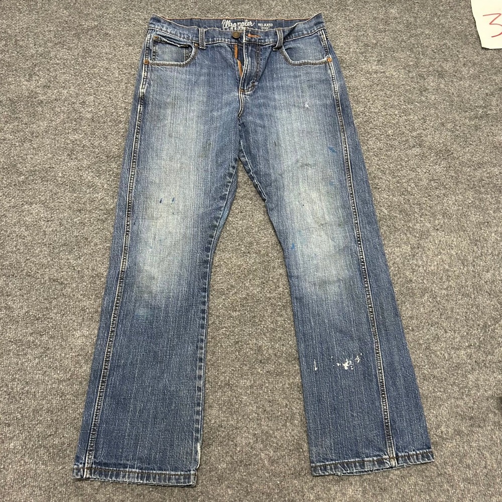 Wrangler Jeans Mens Size 31x29 Retro Relaxed Boot Blue Denim Distressed Paint